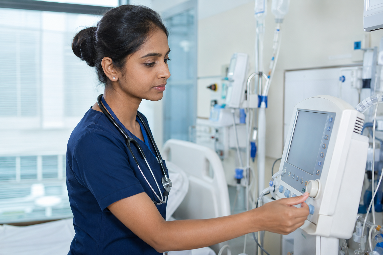 Nurse checking clinical equipment in a hospital