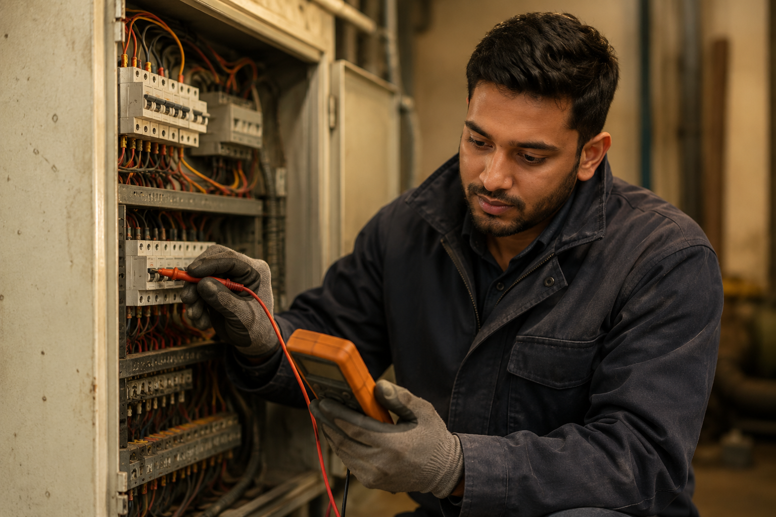 Electrician testing an industrial electrical panel